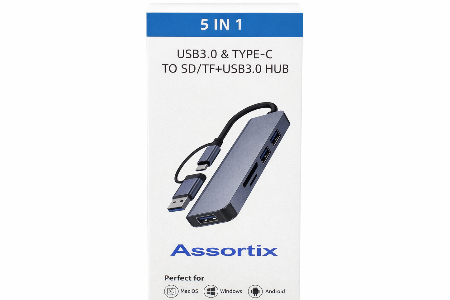 Assortix® USB-C Hub 5-in-1 – USB 3.0 & SD/TF Kaartlezer – Voor Laptop, Desktop & Tablet