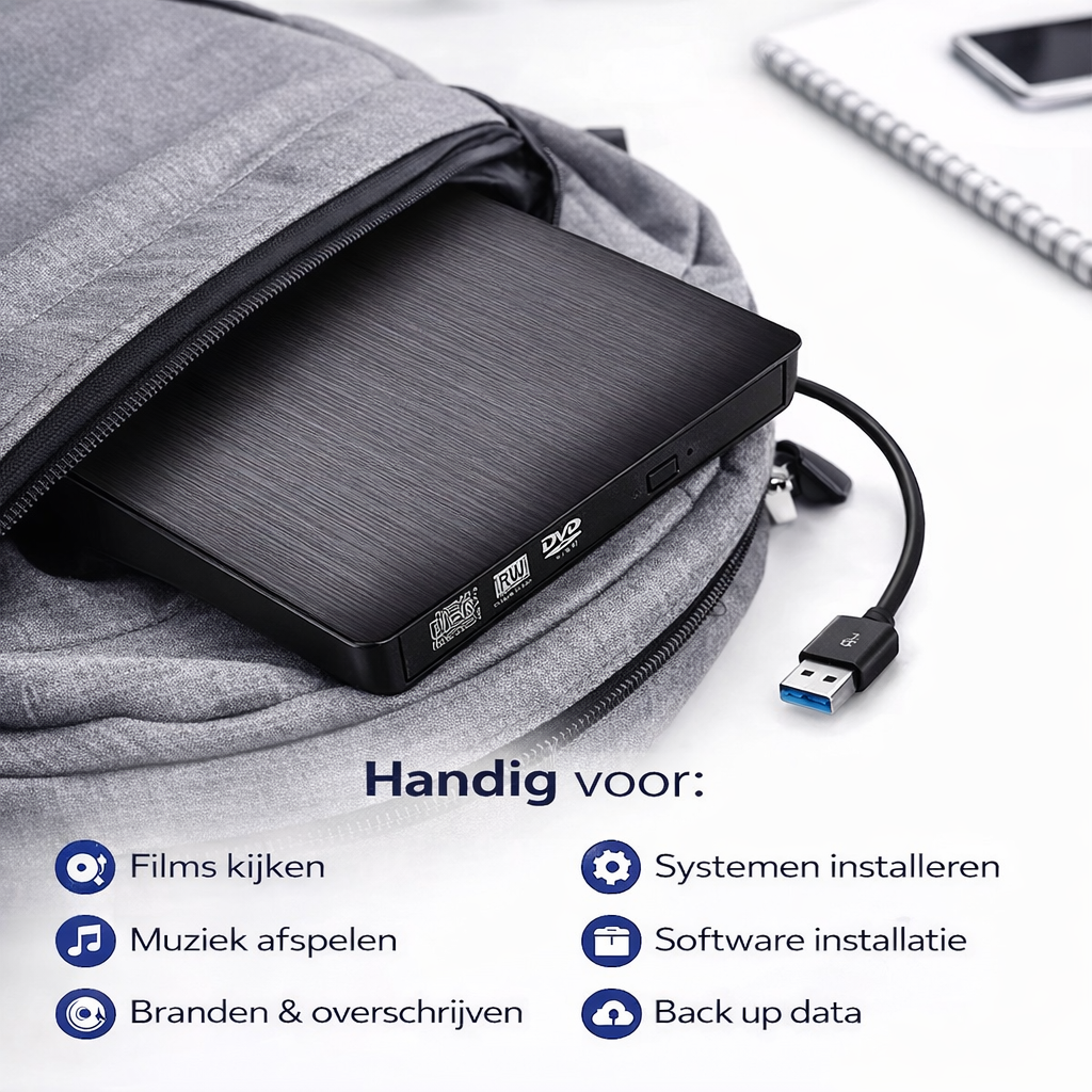Assortix External CD/DVD-RW Drive USB 3.0 – Portable CD/DVD Speler & Brander - Plug & Play - Geschikt Voor Windows, Linux & Mac