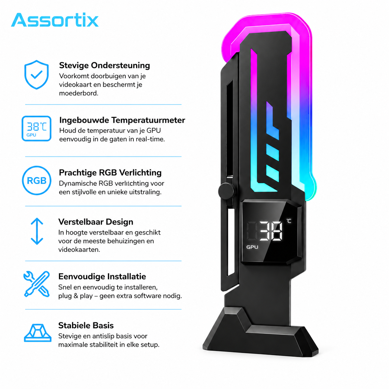 Assortix® GPU Holder Z-X7 Pro – Verstelbare Grafische Kaart Steun – GPU Support Bracket – ARGB Verlichting – GPU & CPU Temperatuurdisplay – Anti-Sag – Zwart