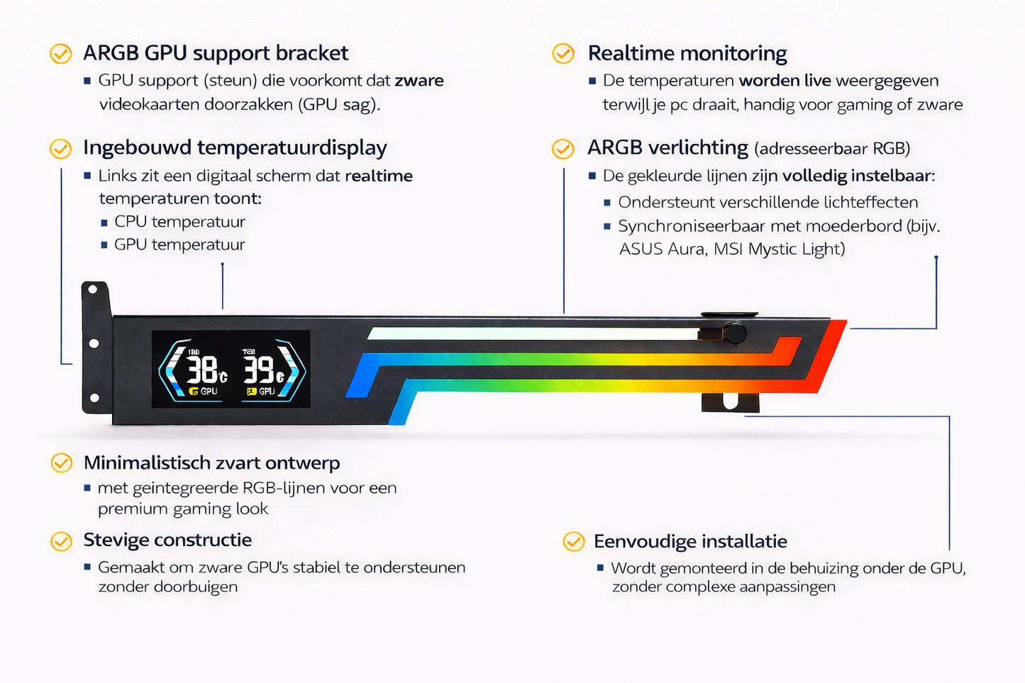 Assortix® Z-X6 Graphics Card Holder - Videokaart Houder - Zwart - Rgb verlichting - Gpu & Cpu Temperatuur Scherm