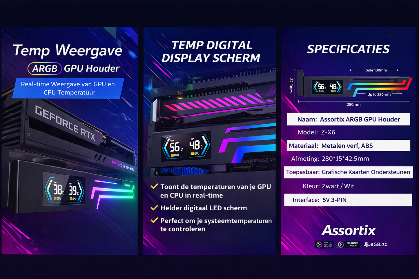 Assortix® Z-X6 Graphics Card Holder - Videokaart Houder - Zwart - Rgb verlichting - Gpu & Cpu Temperatuur Scherm