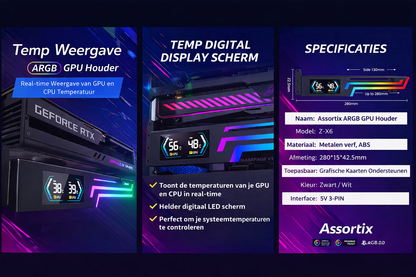 Assortix® Z-X6 Graphics Card Holder - Videokaart Houder - Zwart - Rgb verlichting - Gpu & Cpu Temperatuur Scherm