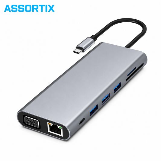 Assortix® ProHub 11 USB-C Hub – 11-in-1 Multiport Adapter – HDMI 4K – VGA – RJ45 – USB 3.0 – SD/TF – 100W PD