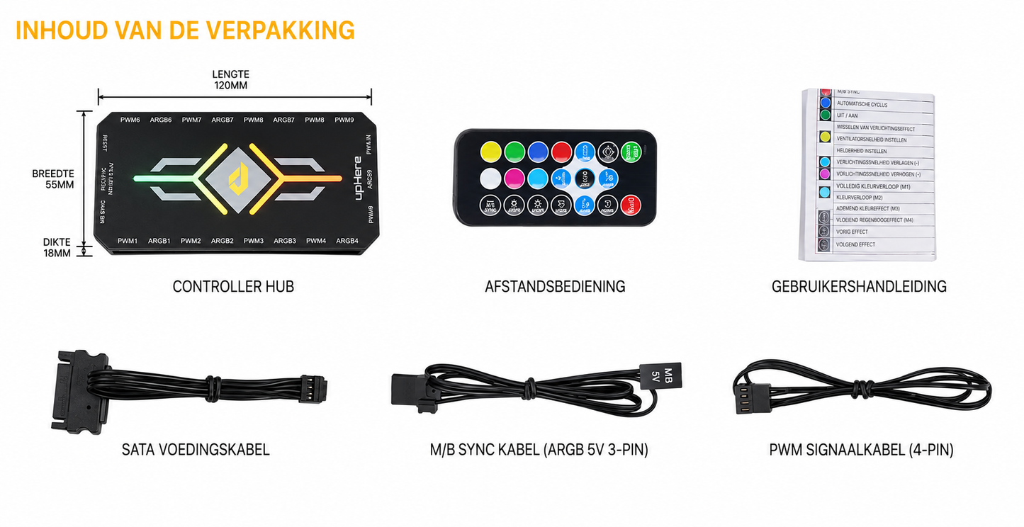 upHere ARGB & PWM Fan Hub – 9-Poorts Fan Controller – Inclusief Afstandsbediening – 5V 3-Pin ARGB & 4-Pin PWM – Moederbord Sync – Voor Gaming PC