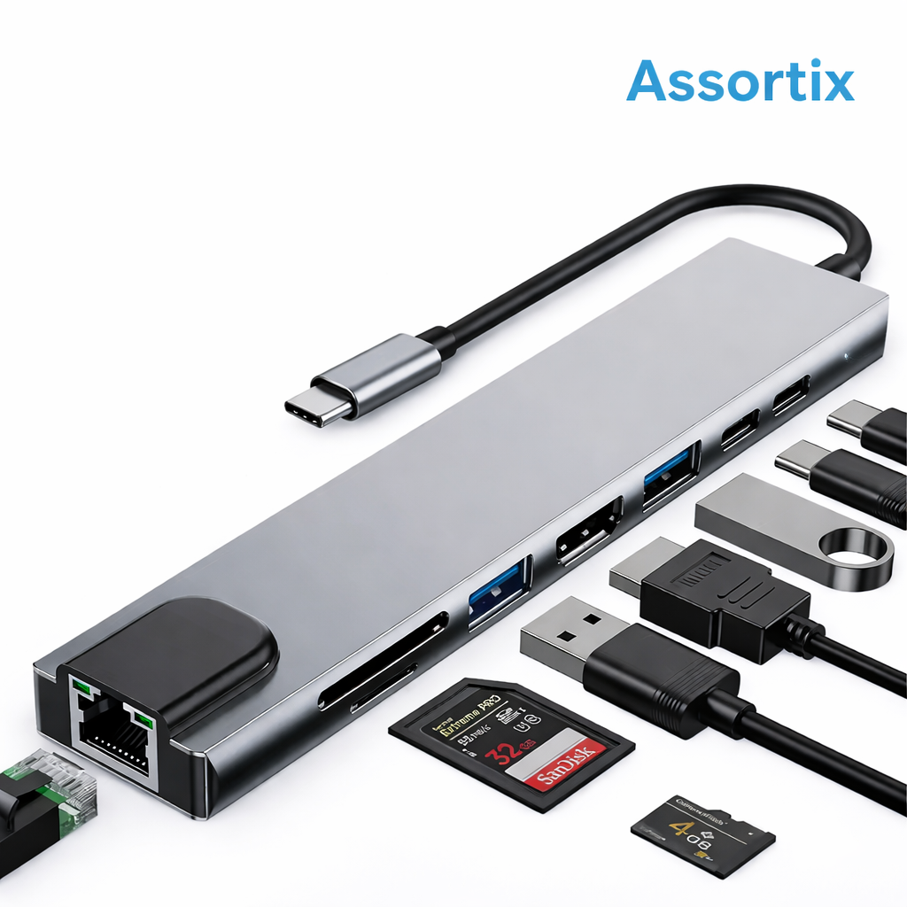 Assortix® ProHub 8 USB-C Hub – 8-in-1 Multiport Adapter – 4K HDMI – Ethernet (RJ45) – 3x USB 3.0 – SD & MicroSD – USB-C Power Delivery – Geschikt voor MacBook & Laptop