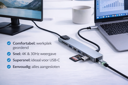 Assortix® ProHub 8 USB-C Hub – 8-in-1 Multiport Adapter – 4K HDMI – Ethernet (RJ45) – 3x USB 3.0 – SD & MicroSD – USB-C Power Delivery – Geschikt voor MacBook & Laptop