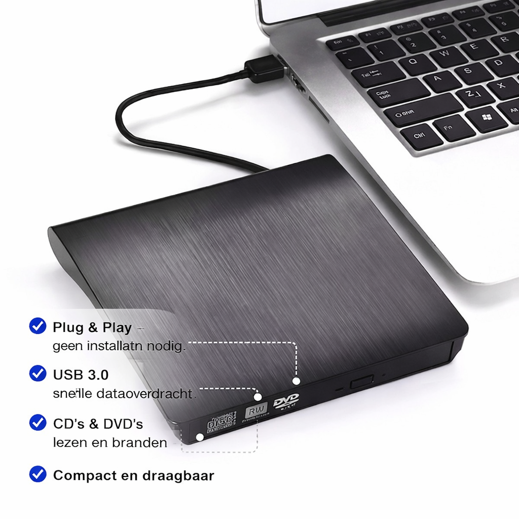Assortix External CD/DVD-RW Drive USB 3.0 – Portable CD/DVD Speler & Brander - Plug & Play - Geschikt Voor Windows, Linux & Mac