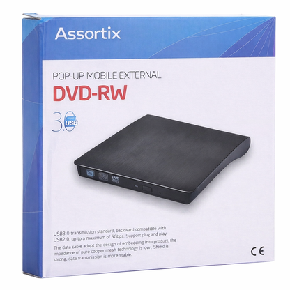 Assortix External CD/DVD-RW Drive USB 3.0 – Portable CD/DVD Speler & Brander - Plug & Play - Geschikt Voor Windows, Linux & Mac