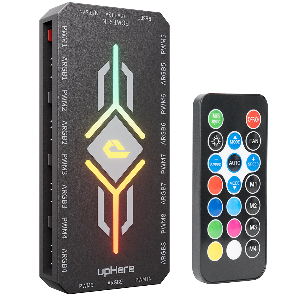 upHere ARGB & PWM Fan Hub – 9-Poorts Fan Controller – Inclusief Afstandsbediening – 5V 3-Pin ARGB & 4-Pin PWM – Moederbord Sync – Voor Gaming PC