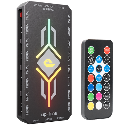 upHere ARGB & PWM Fan Hub – 9-Poorts Fan Controller – Inclusief Afstandsbediening – 5V 3-Pin ARGB & 4-Pin PWM – Moederbord Sync – Voor Gaming PC