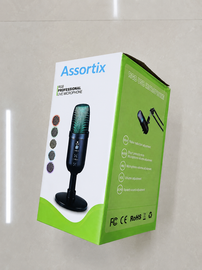 Assortix® USB Gaming Microfoon met RGB Verlichting – Streaming, Podcast, Discord & PC Microfoon – Plug & Play – Zwart